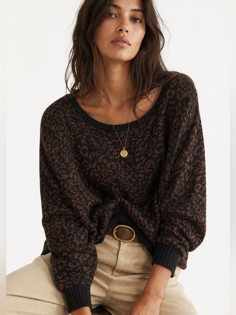 Free People Leopard Crewneck Sweater in Brown and Black